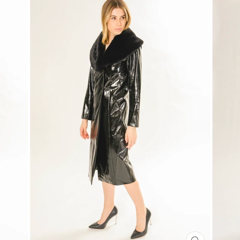 Black Trench Coat with Dramatic Fur Collar and High-Shine Finish